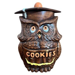 Vintage Treasure Craft 1970s Wise Owl Cookie Jar Ceramic Retro Collectible